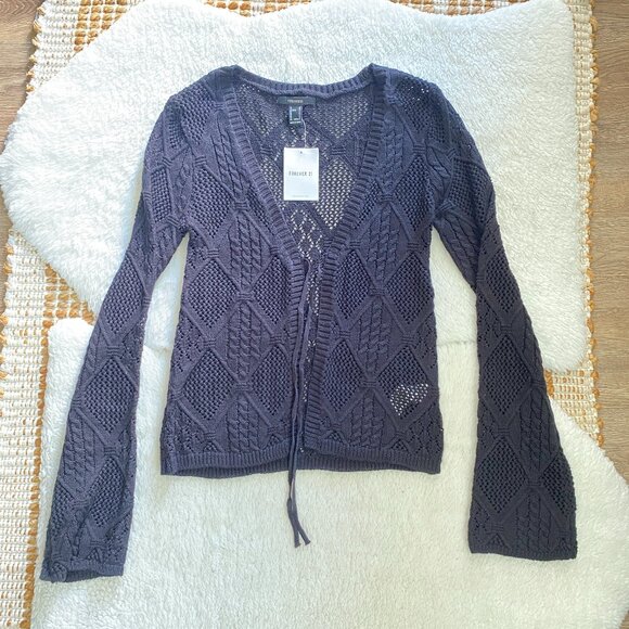 Boho Knit Crochet Sweater Tie Front Long Sleeve Top - Size Small - Picture 1 of 11